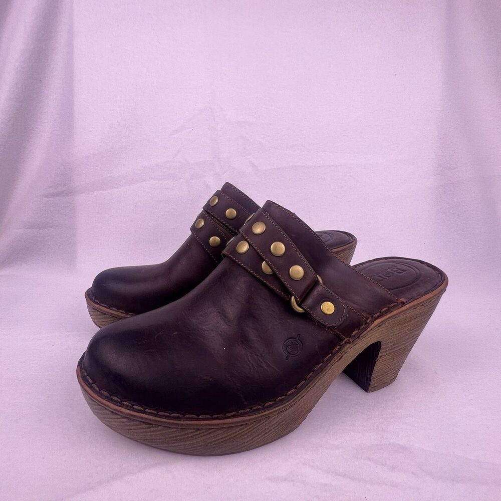 Born Brown Leather Platform Mules Chunky High Heel Clogs Studded Buckle Size 11 - Picture 4 of 16